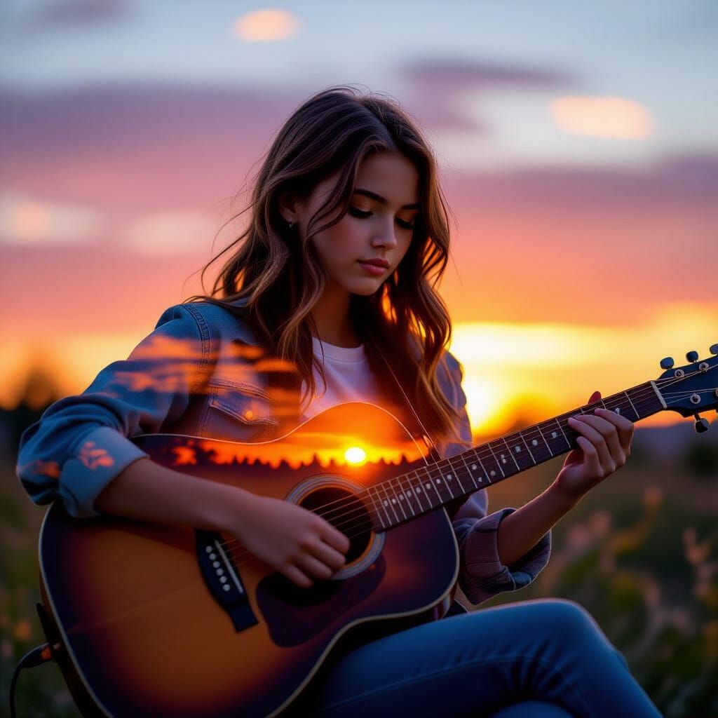 Hyperrealistic Girl Plays Guitar at Sunset