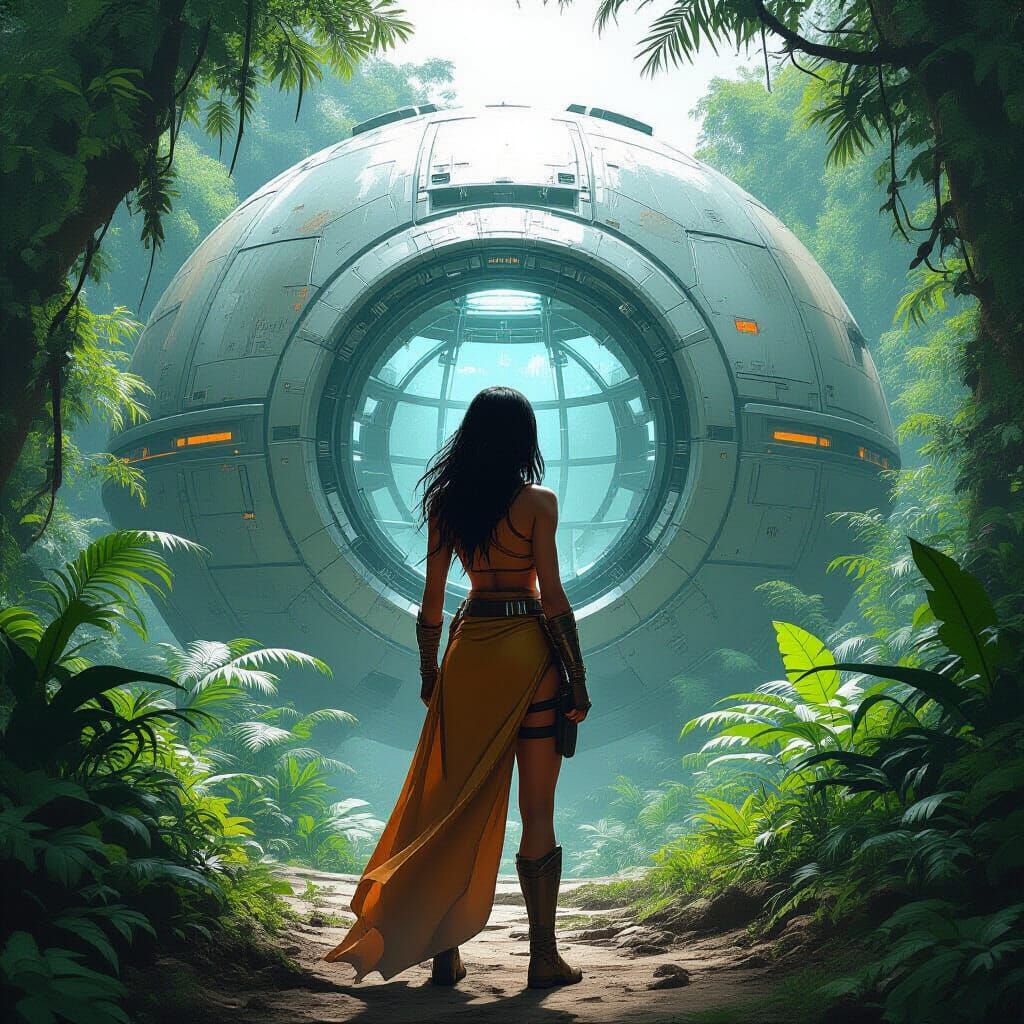 Futuristic Bio-Dome Guardian in Jungle Landscape