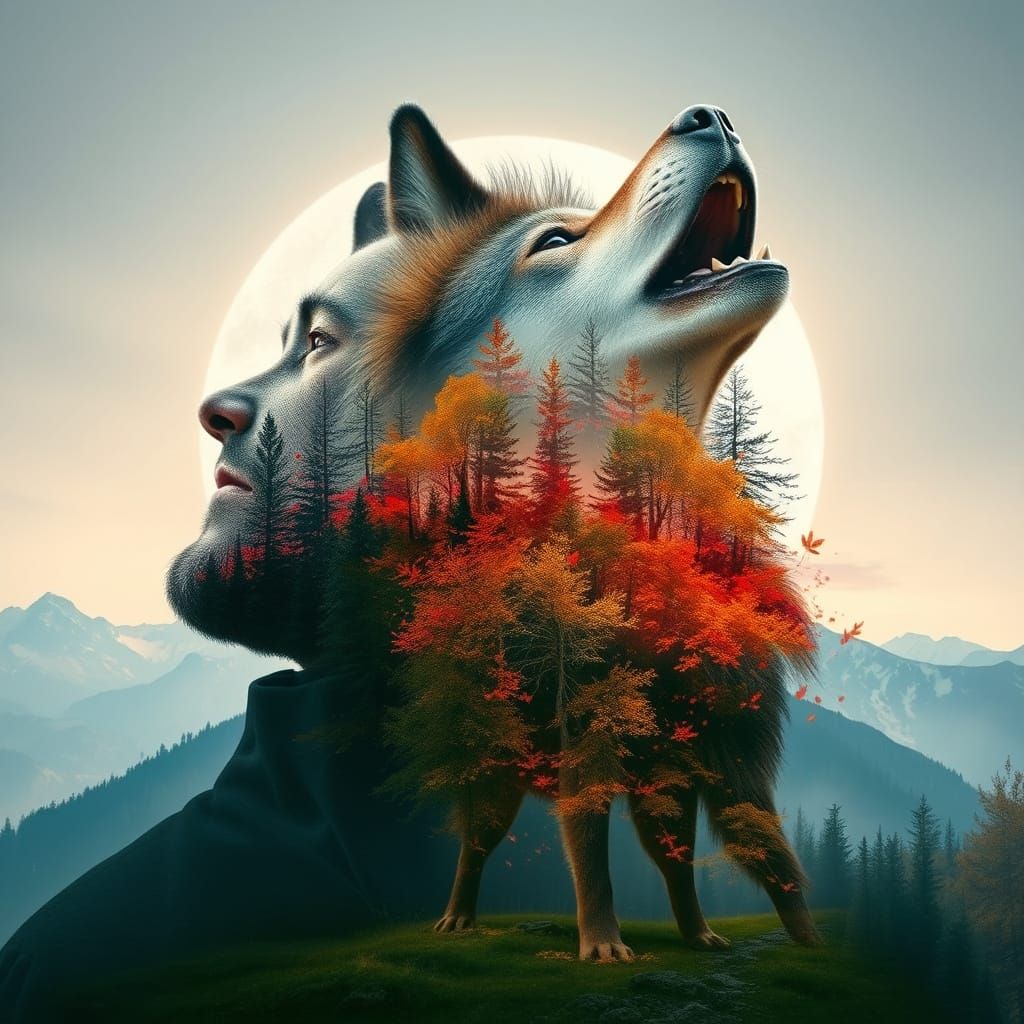 Man Profile Filled with Vibrant Howling Wolf and Swirling Le...