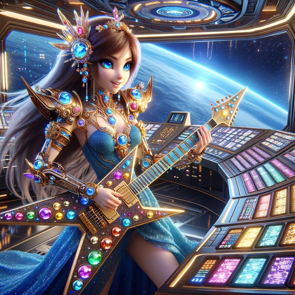 Anime Woman Plays Celestial Guitar in Space