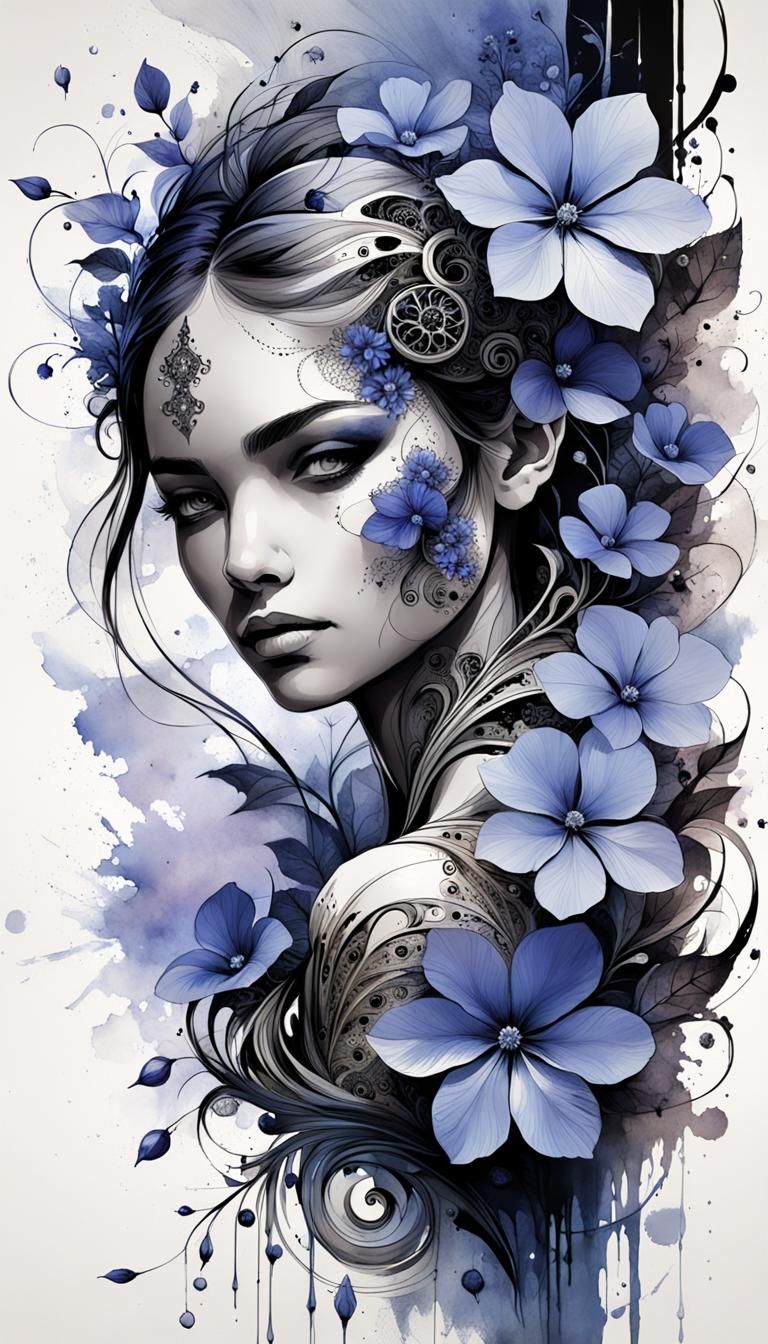 Fractal Filigree Ink Drawing of Periwinkle Flowers