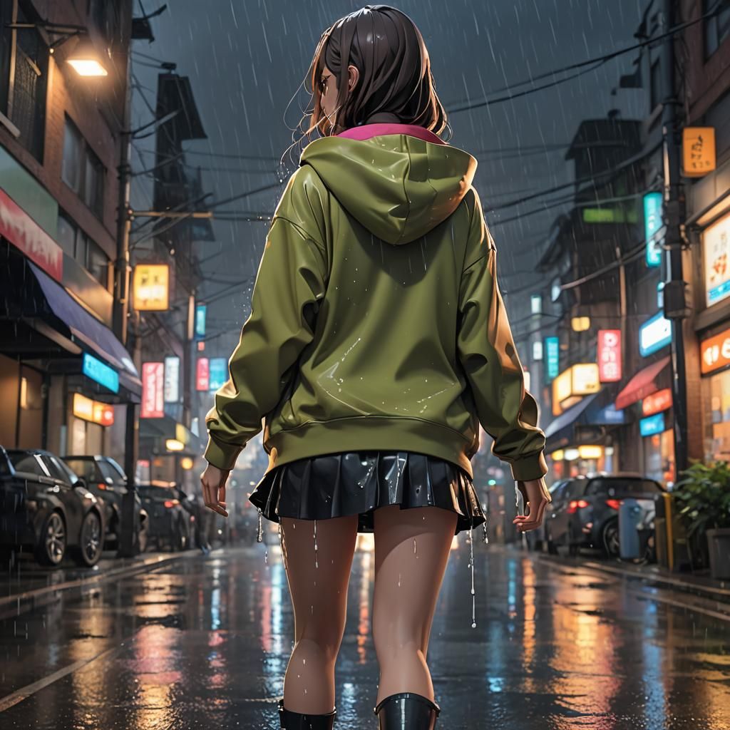 Anime Girl in Rain, 3D Rendered Art