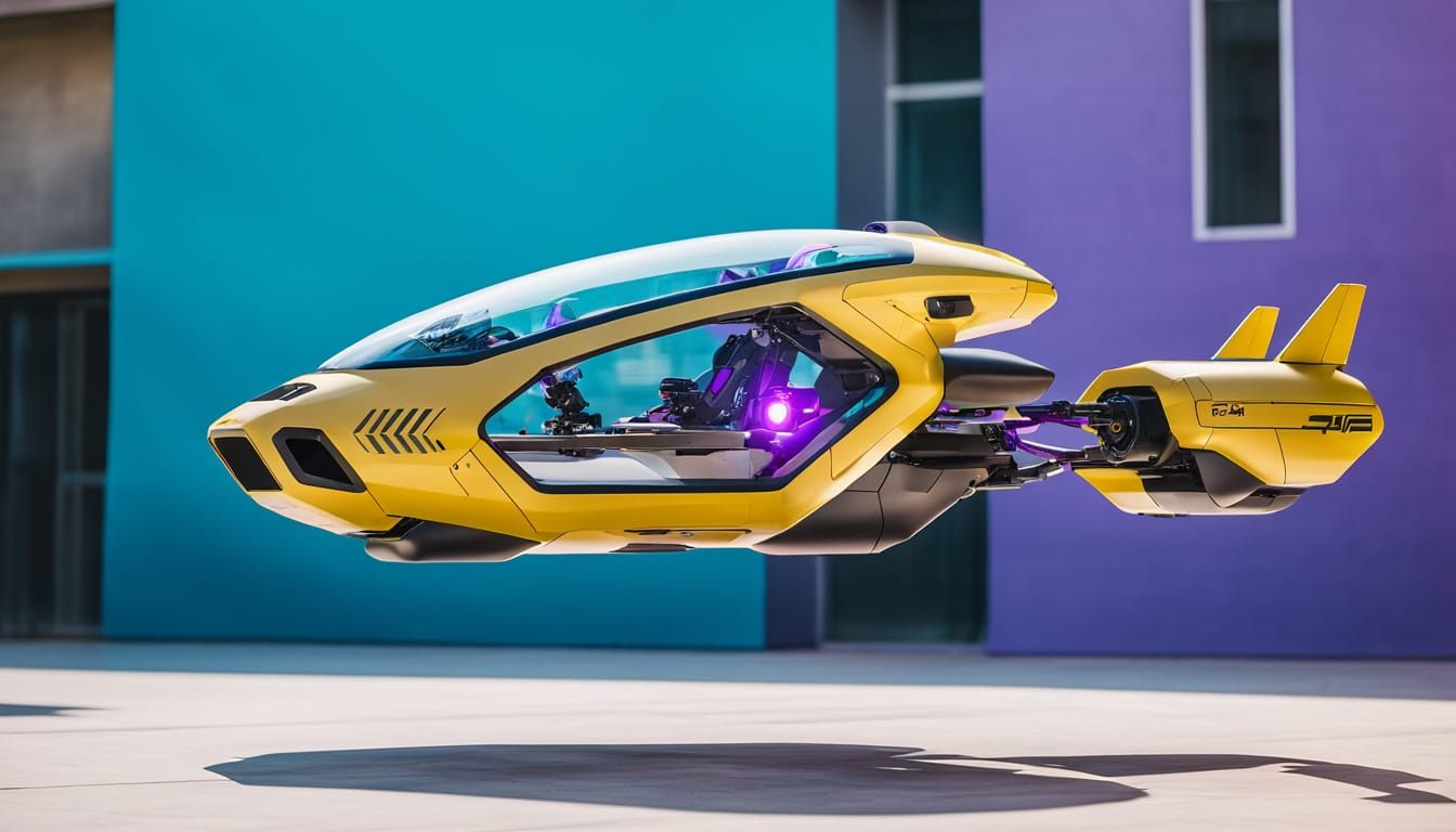 Sleek Hoverbike in Mid-Air Over Futuristic Courtyard