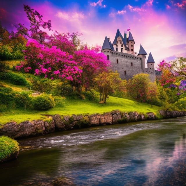 Scenic Castle with River and Flowers in Bokeh