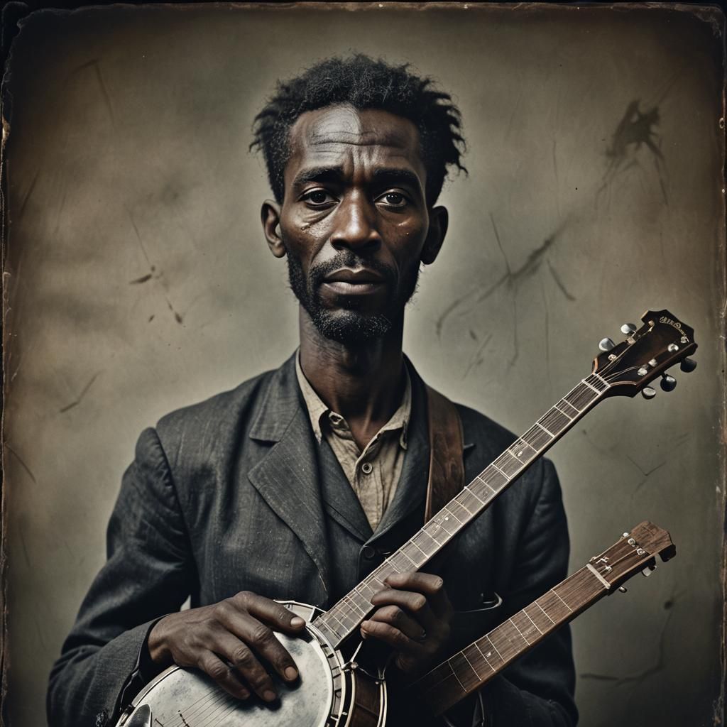 Depression Era Black Man Portrait with Banjo