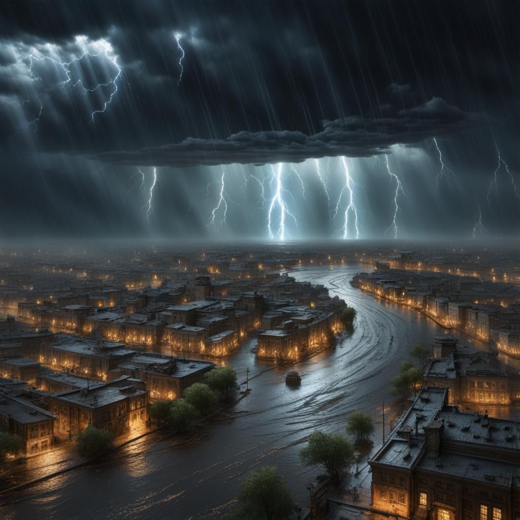 Flooded City Under Stormy Sky, Dark Fantasy Art