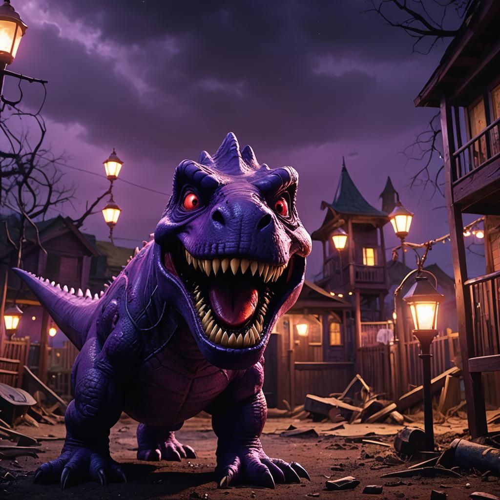 Scary Barney the Dinosaur Monster in Abandoned Playground