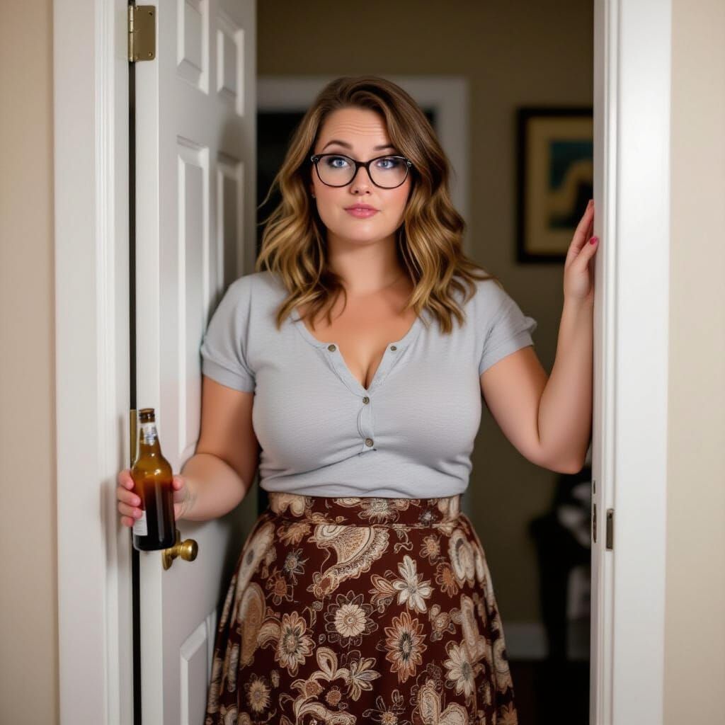 Drunk Woman Stumbles to Doorway in Tight Blouse