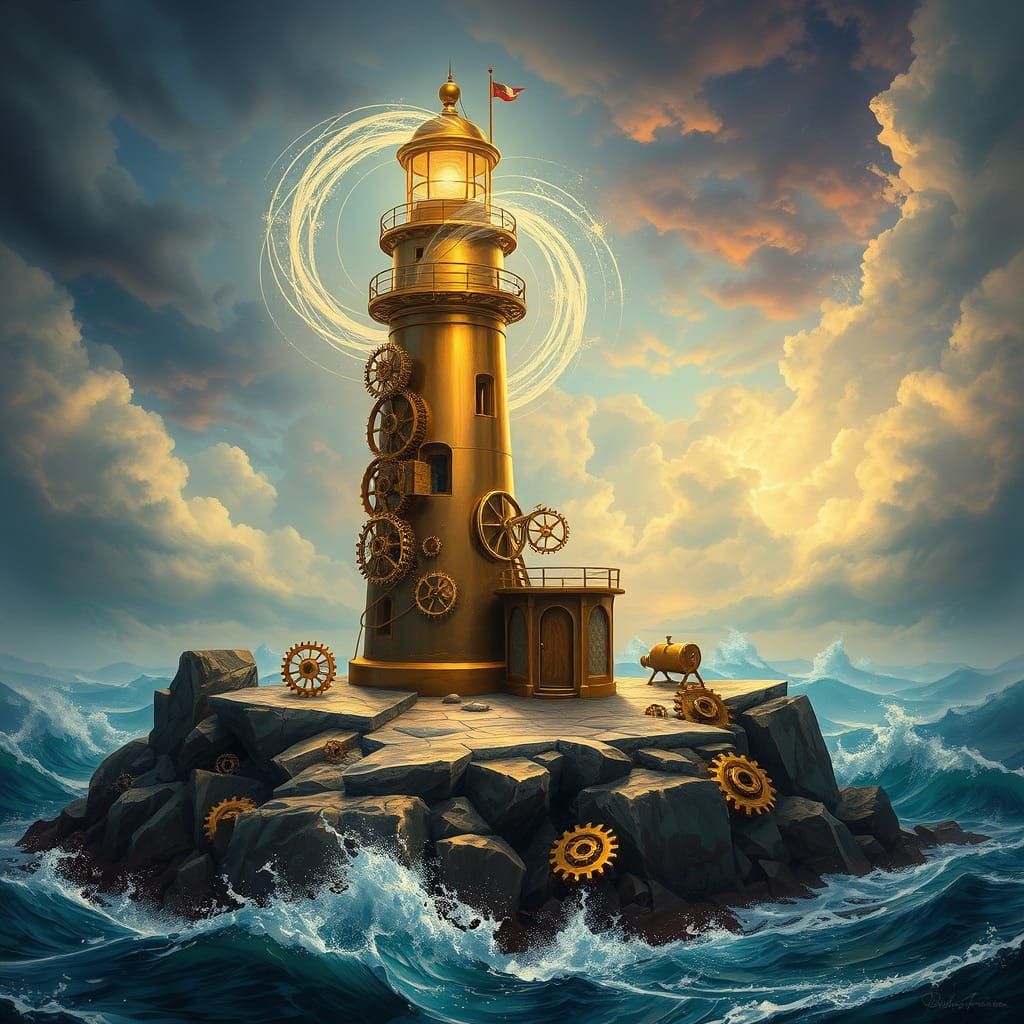 Steampunk Lighthouse on Stormy Coast, Digital Art