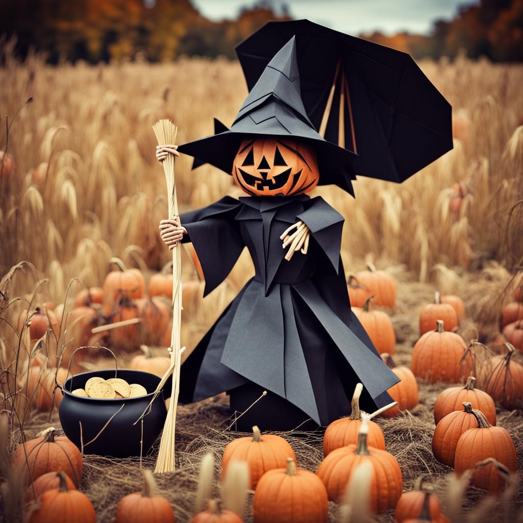 Halloween Witch Scene in Origami Style