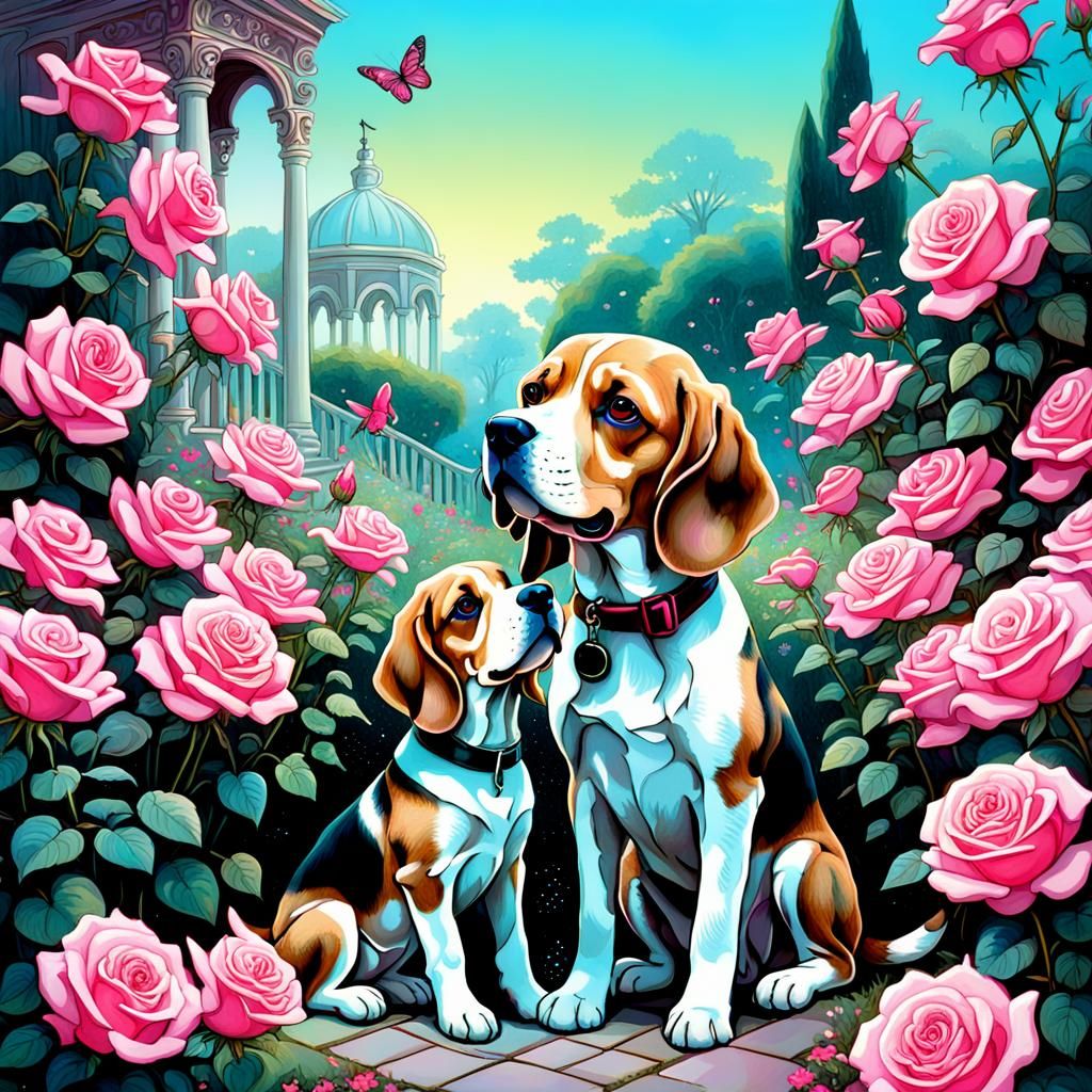 Beagle, Puppy, Boy in Rose Garden: Surreal Art