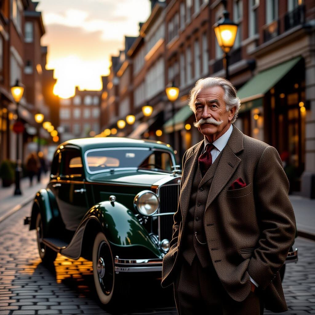 Gentleman and Vintage Sports Car at Sunset