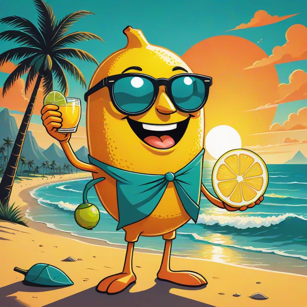 a retro cartoon-style digital illustration featuring a cheerful anthropomorphic lemon character on a sunset beach.
