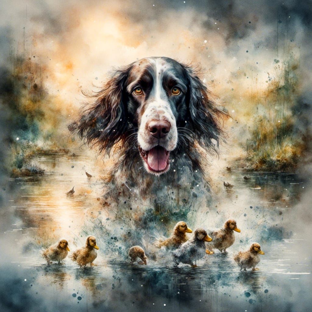 Watercolor Springer Spaniel Fostering Ducklings