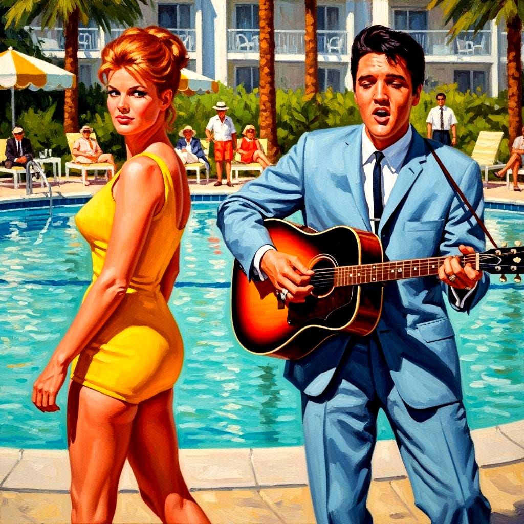 Ann-Margret and Elvis Poolside in Rockwell Style