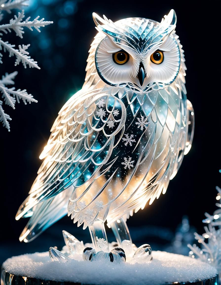 Translucent Ice Sculpture of a Snow Owl