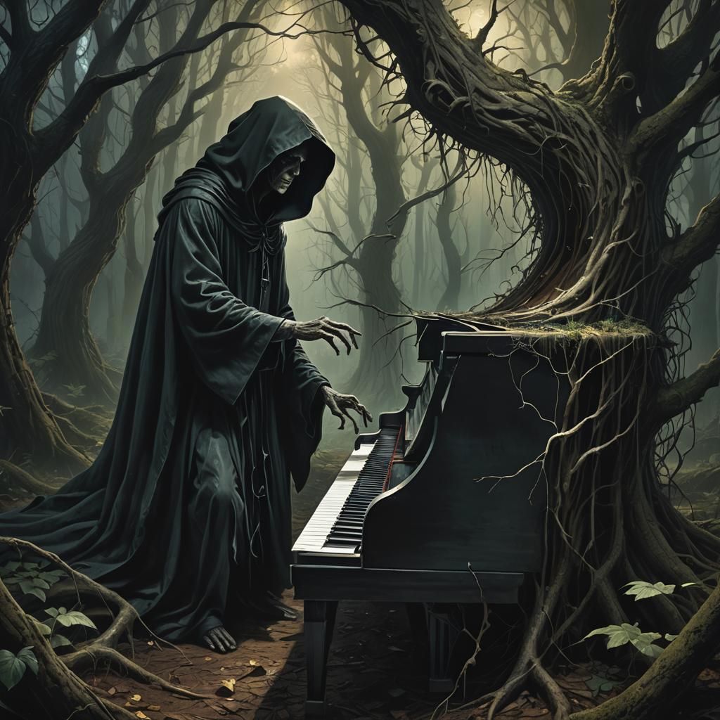 Eerie Forest Piano Player in Dark Fantasy Style