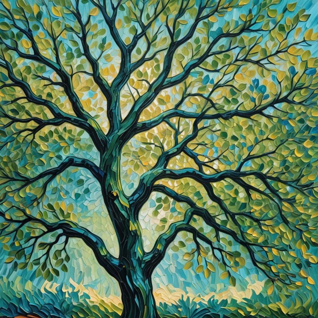 Turquoise Tree in Post-Impressionist Impasto Style
