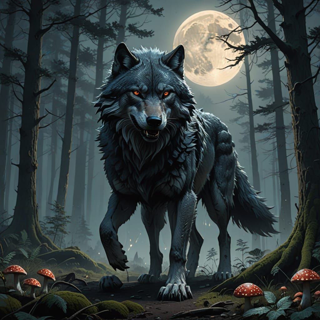 Majestic Grey Wolf Runs Under Ethereal Moonlight