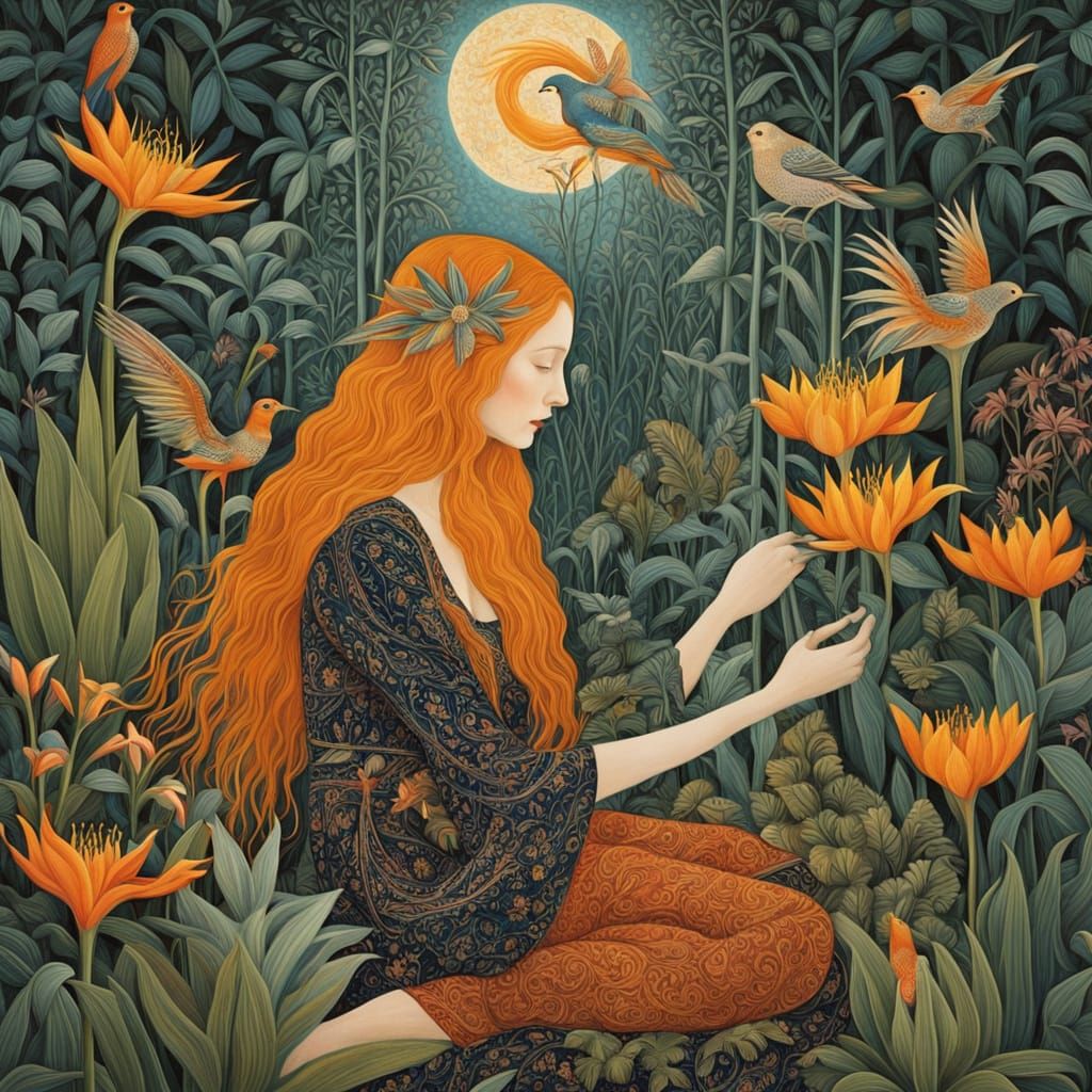 Ethereal Woman in Lush Fritillaria Garden with Iridescent Pa...