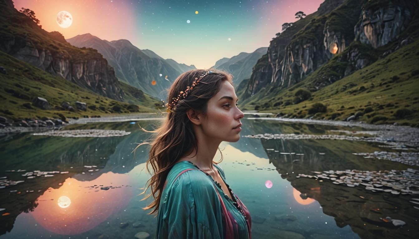 Surreal Landscape: Woman, Planets, and Moons