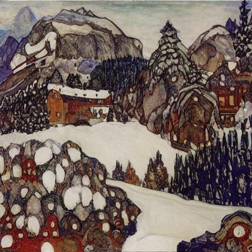 Whimsical Winter Scene in Vibrant Expressionist Style