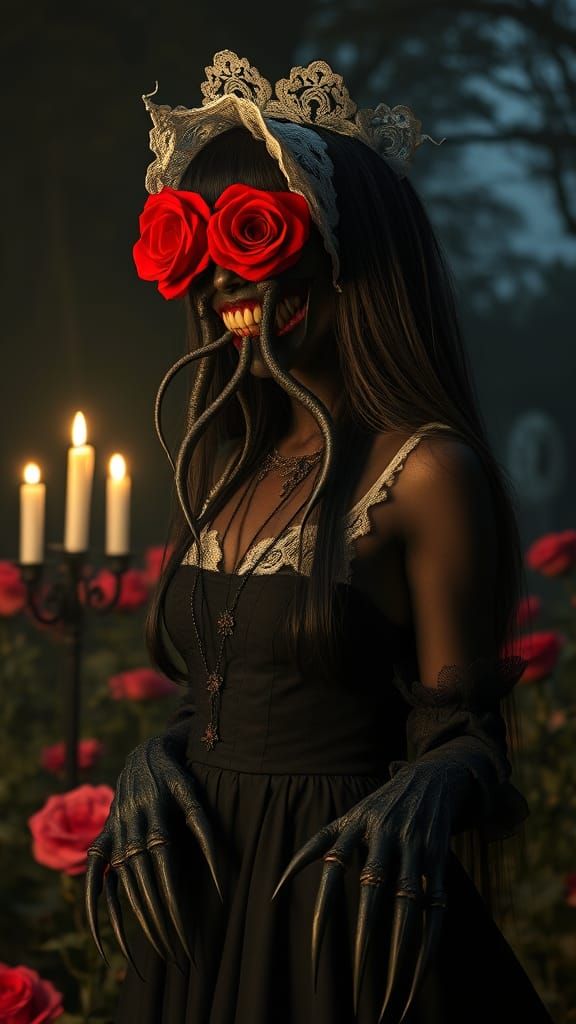 Ethereal Victorian Horror Queen Amidst Night Roses
