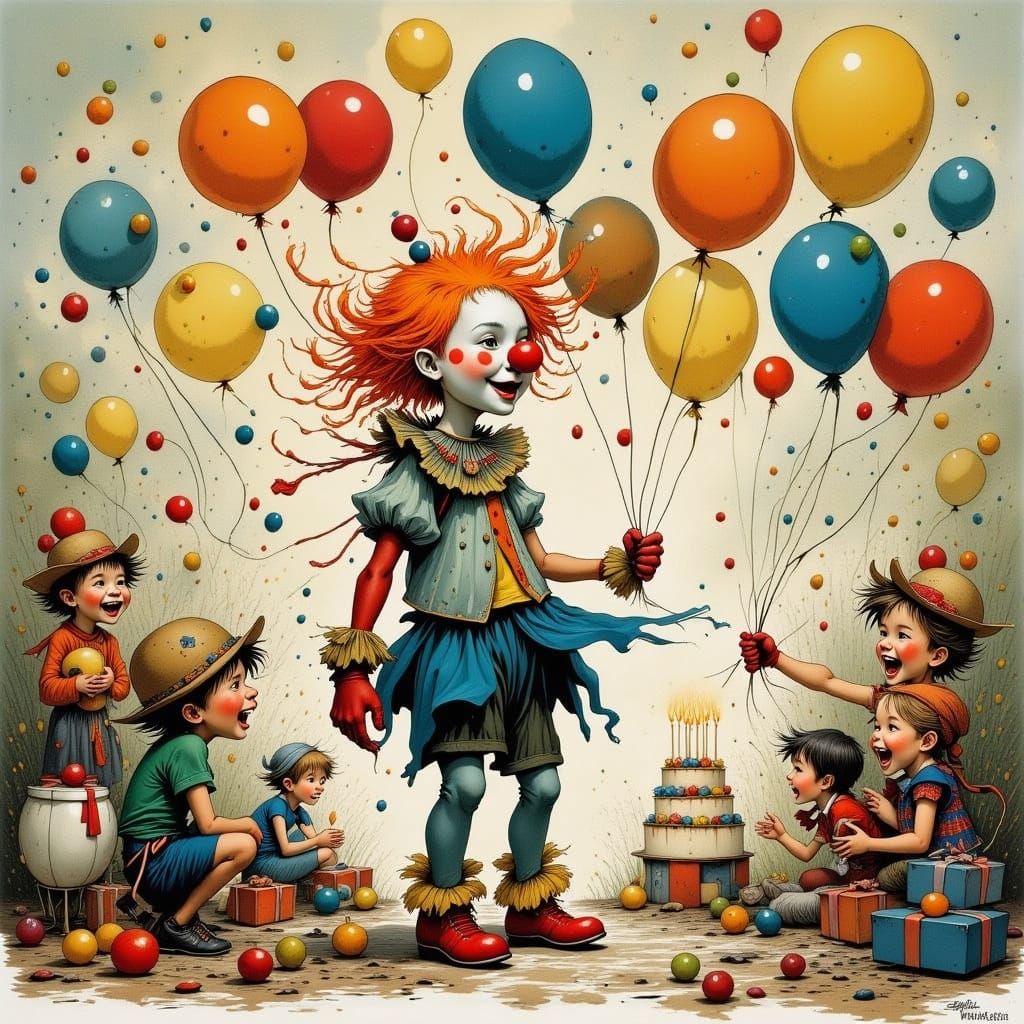 Vibrant Clown Amidst Whirlwind of Joy