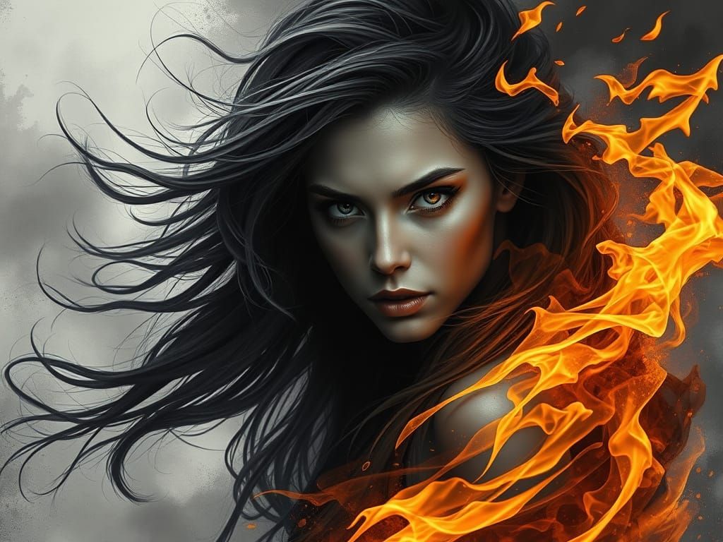 Portrait of a woman, surreal, fire