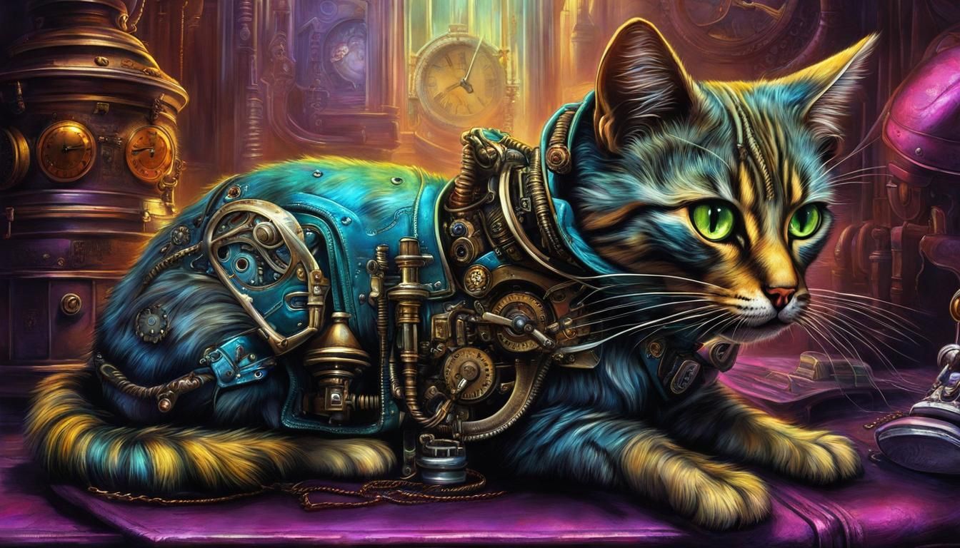 Steampunk Cat-Dog Hybrid in Biopunk Style