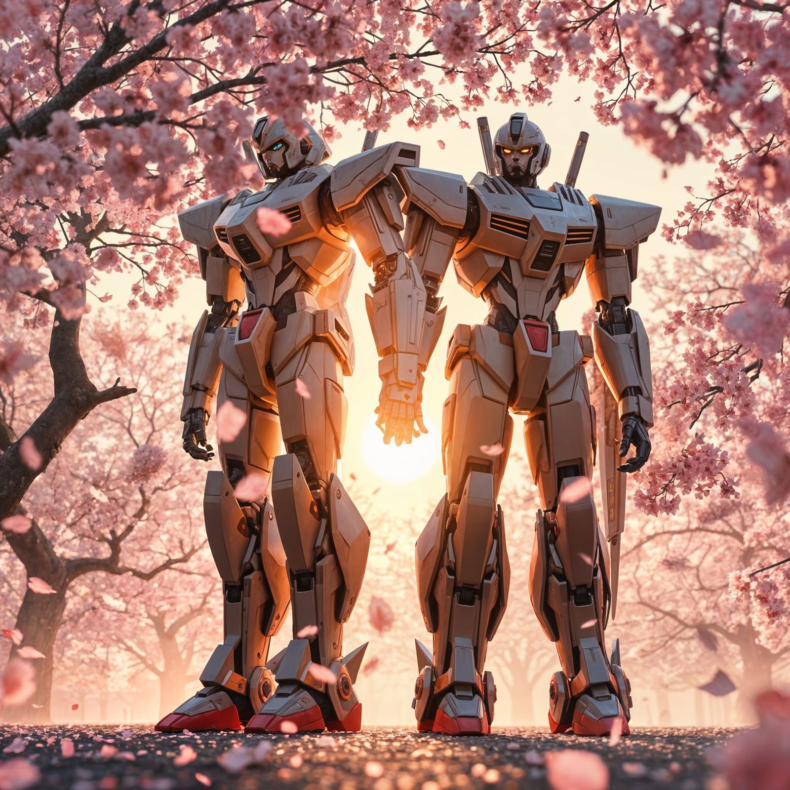 Romantic Mecha Robots in Cherry Blossom Garden