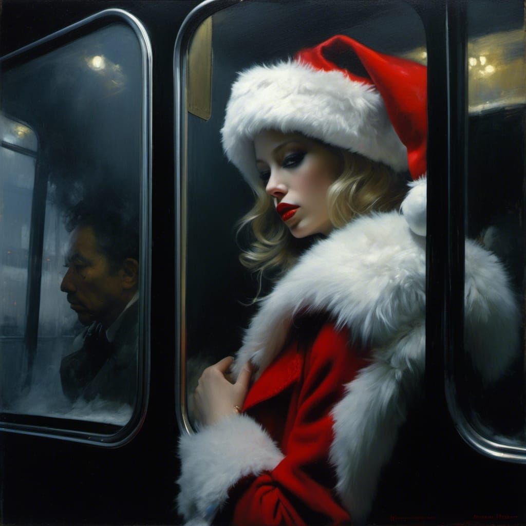 Santa Claus Waits at Night Bus Stop