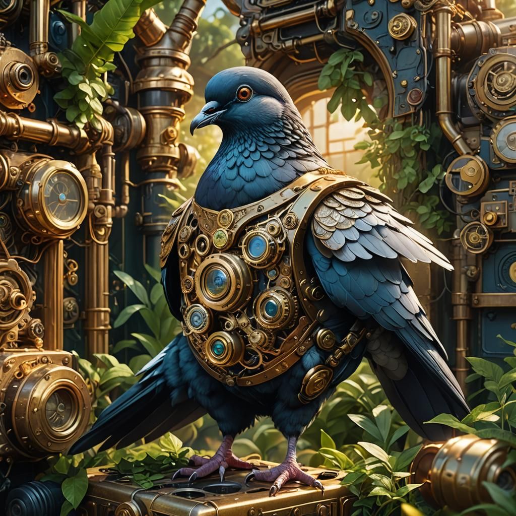 Steampunk Pigeon Mechanic in Lush Fantasy Art