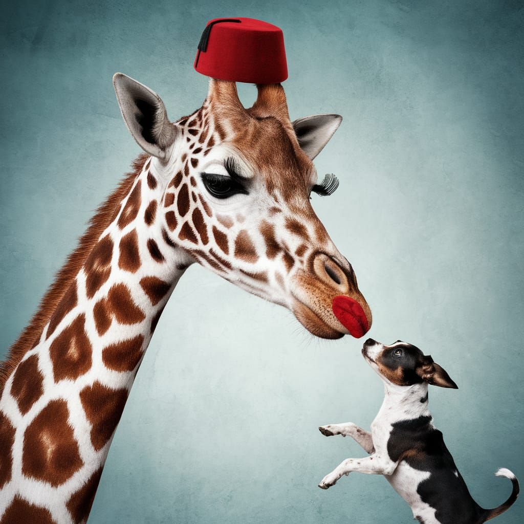 Humorous Giraffe with Dog and Red Fez