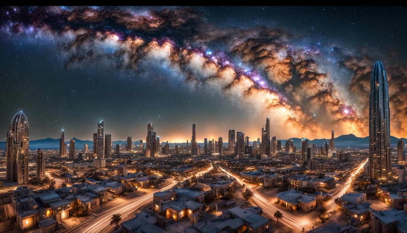 Fantasy DinoVille City Under Milky Way, Hyperrealistic