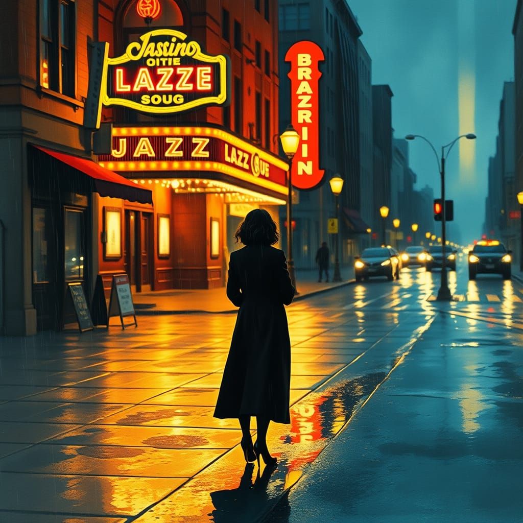 Woman in Neon Rain: Jazz Club Glow