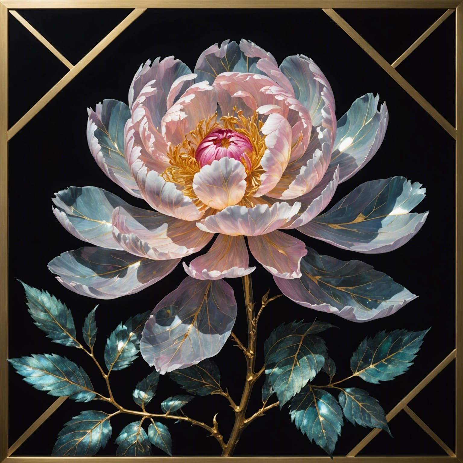Iridescent Geometric Glass Peony with Gold Borders