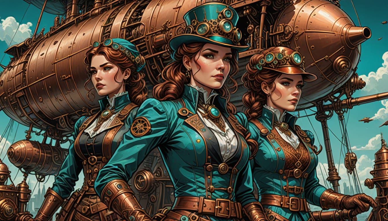 Steampunk Women Work on Airship in Comic Book Style