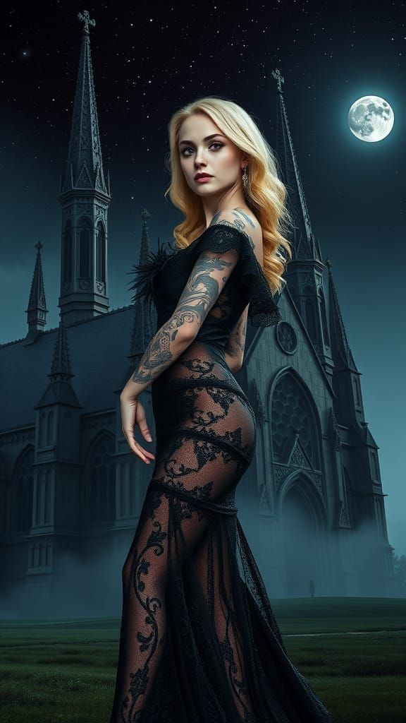 Gothic Tattooed Bride in Dark Fantasy Landscape