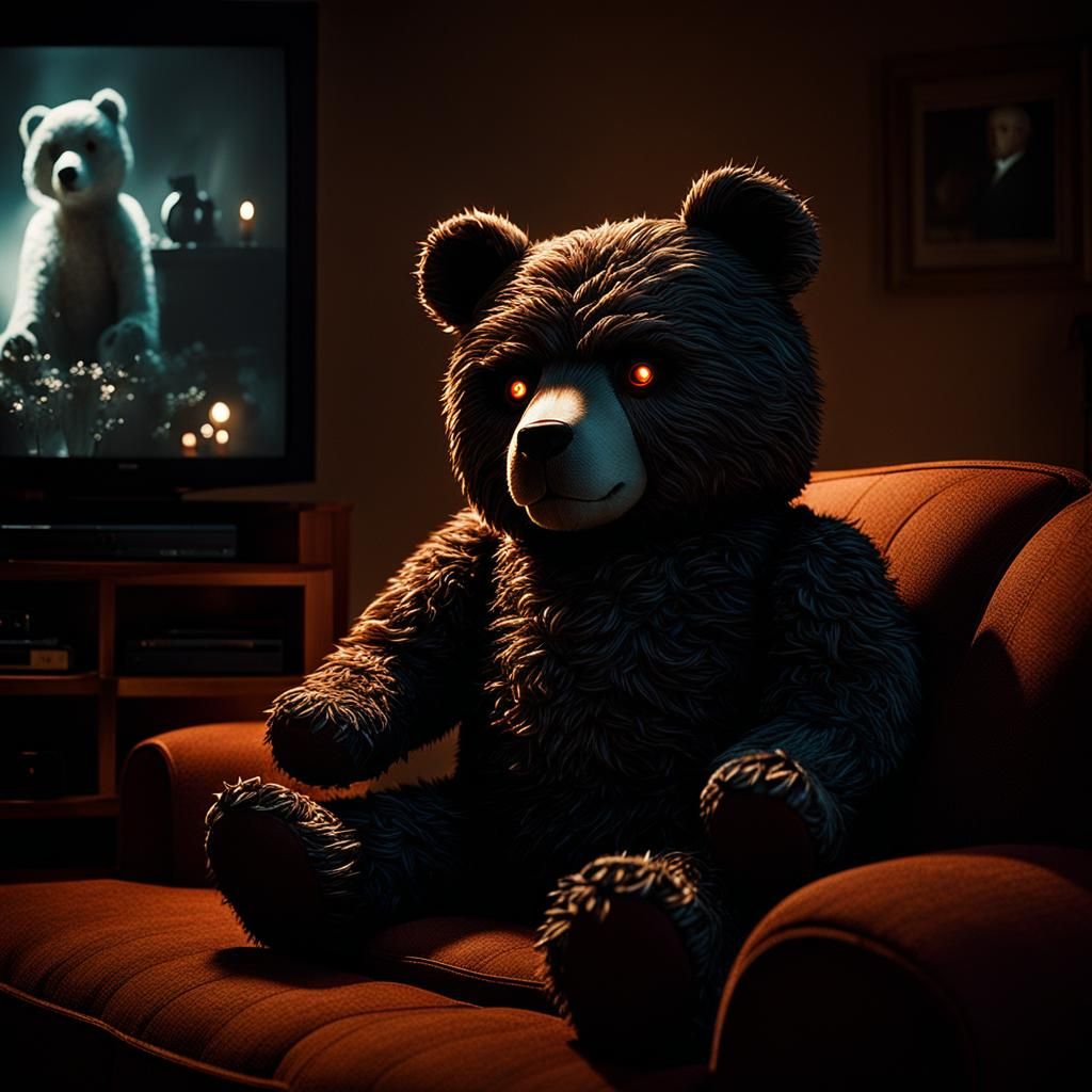 Eerie Teddy Bear in Dimly Lit Room