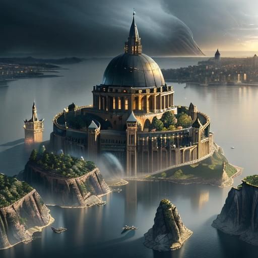 Epic Waterfront City with Golden Dome, Digital Art