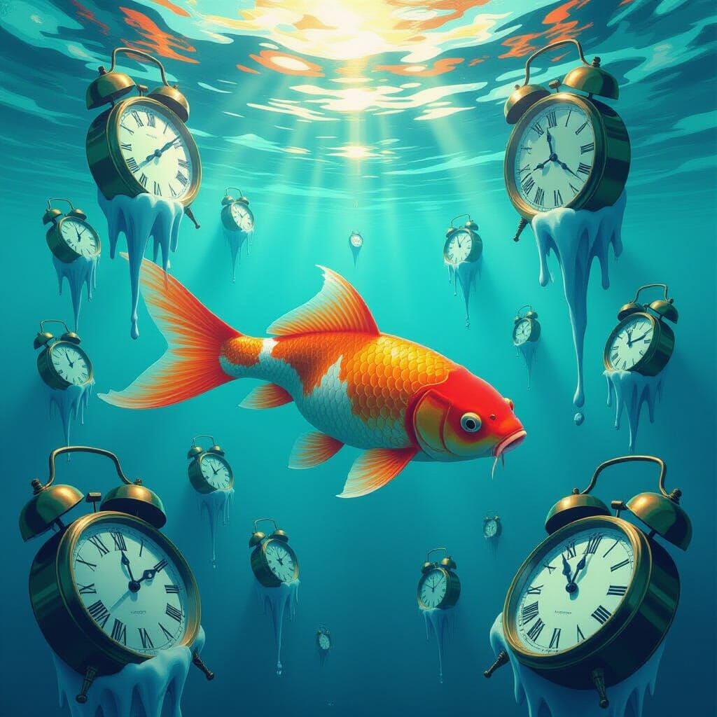 Koi Fish in Surreal Ocean of Melting Clocks