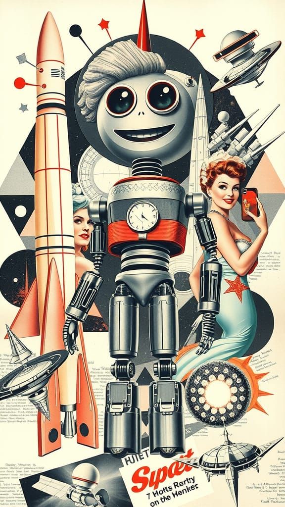 Retro-Futuristic Robot in Vibrant 50s Space Collage