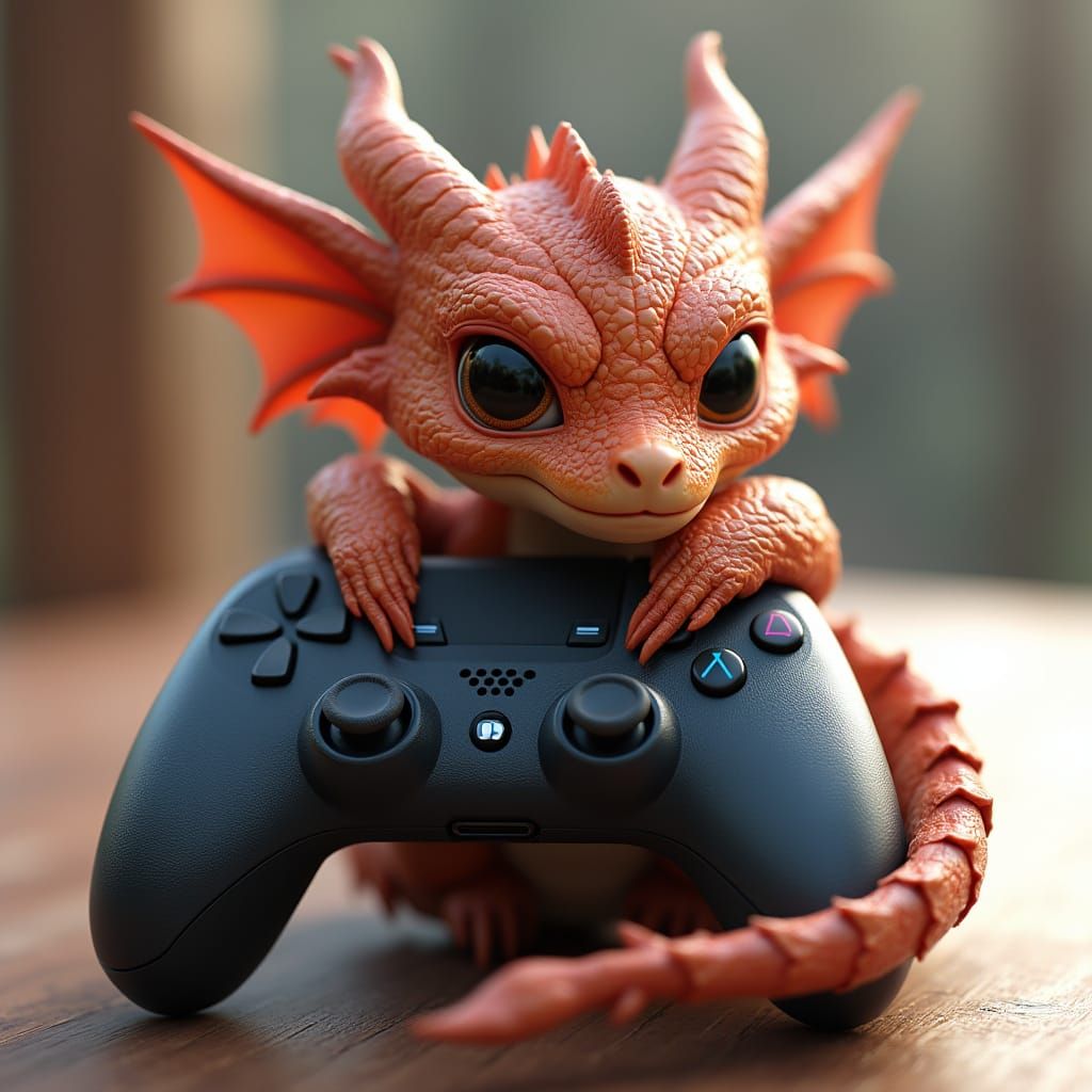 Tiny Dragon Surrounded by Gaming Console Controller in Anime...
