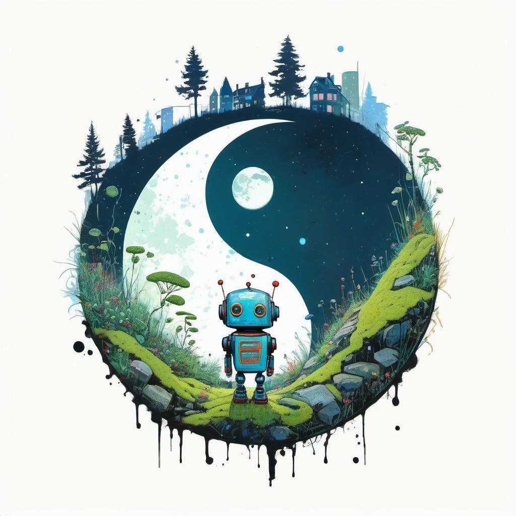 Cyberpunk Robot in City, Vector Art