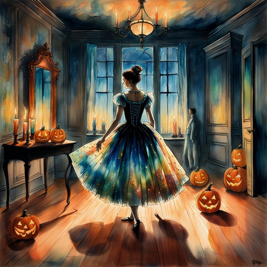 Halloween Dress in Edgar Degas Inspired Watercolor