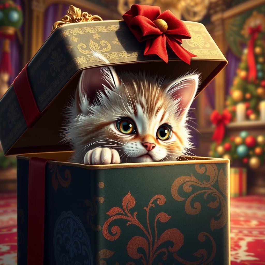 Whimsical Kitten Peeks from Festive Box