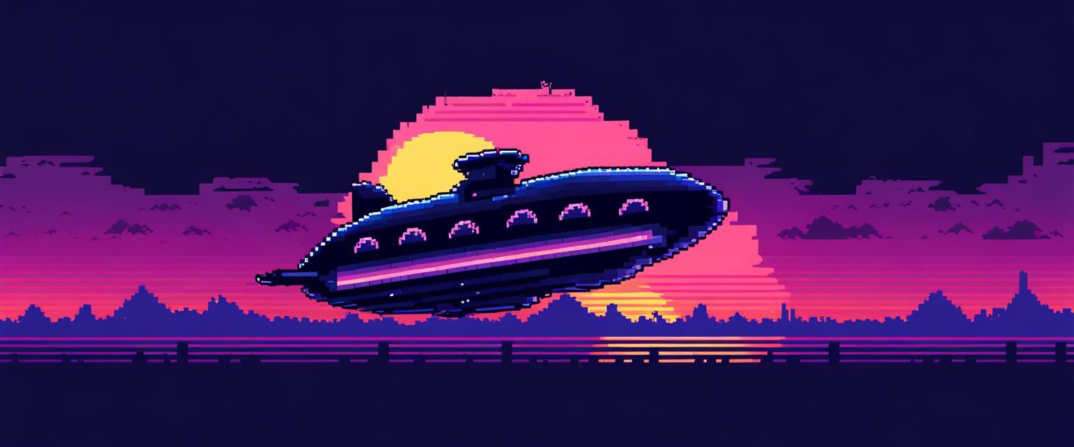 Synthwave Sunset Airship in 16-bit Pixel Art