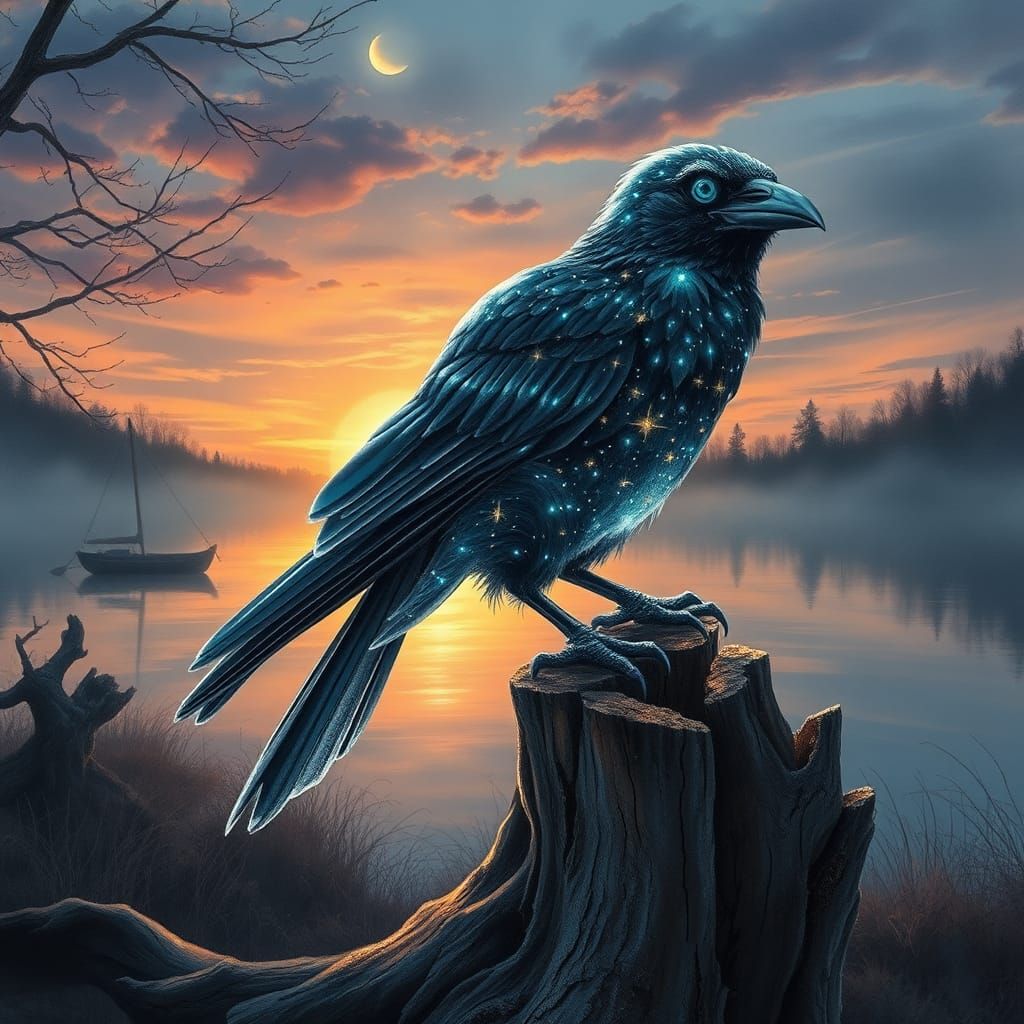 Bioluminescent Raven Perched at Sunset: Watercolor Art