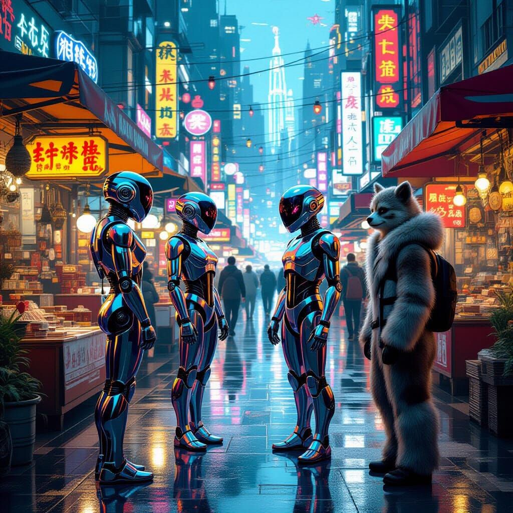 Futuristic Marketplace with Robots and Aliens